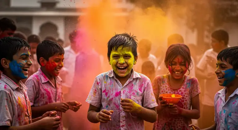 Colourful holi children playing
