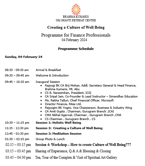 Programme schedule orc creating a culture of well being