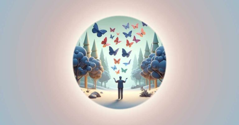 Visualizing a person standing in a tranquil forest and releasing vibrant butterflies from their hands, depicted in a soft color palette. Each butterfly represents a forgiven mistake and the release of negative karma.