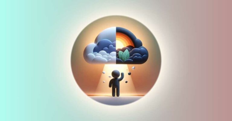 The image shows an individual transforming a dark, clouded thought bubble into a bright, clear one, symbolizing the shift from a negative mindset to a positive one