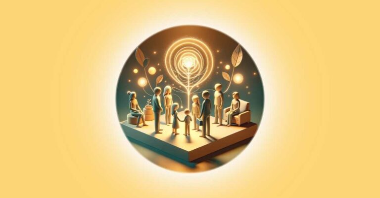 A peaceful family gathering, with each member connected through glowing lines or auras, symbolizing mental harmony and positive thoughts.