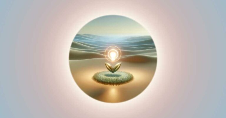 A single thought-seed being planted, symbolizing the beginning of a chain that either strengthens or weakens our connection with our inner self. The serene landscape representing the mind's fertile ground and the glowing orb as the thought-seed emphasize the profound impact of our thoughts on our consciousness and inner well-being.