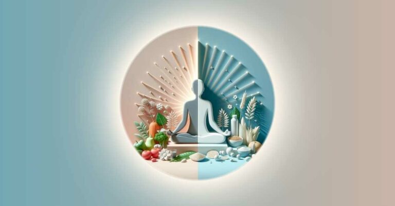 Depicting the detoxification of the mind through meditation on one side and the detoxification of the body through vegan food on the other. The image aims to highlight the holistic approach to detoxification, emphasizing the benefits of both practices for overall well-being. The serene individual in a meditative pose and the variety of colorful plant-based foods are designed to create a unified, calming atmosphere that emphasizes mental clarity, calmness, and physical nourishment.