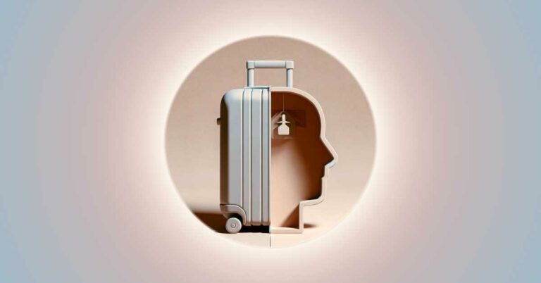 The first half symbolizes luggage limitations in flight travel with a single suitcase and a weight limit tag, emphasizing physical constraints. The second half represents the metaphorical 'luggage of thoughts' in our minds, depicted by a simple outline of a head with symbolic lines or shapes inside, indicating mental and emotional load.