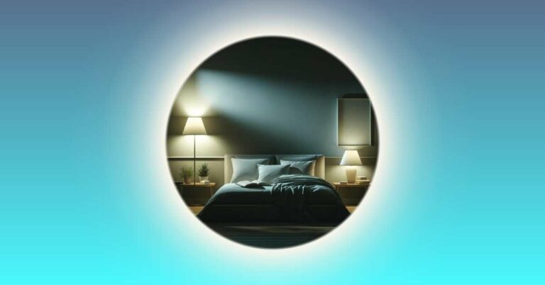 A serene bedroom at night, designed to convey calmness and relaxation. The room features a comfortable bed with an open book, softly lit by ambient light, and a decor that enhances a sense of tranquility. This setting is perfect for encouraging deep sleep
