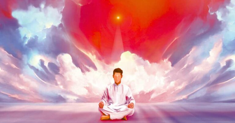 A person in a meditative pose with their hands resting on their legs. The individual is dressed in white and sits against a vibrant, ethereal background. The background features a radiant, glowing light emanating from a point in the sky, directly above the meditator's head. The light is focused, symbolizing a higher state of consciousness or connection with a divine or spiritual source.