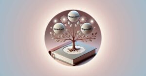 The resilient banyan - storytime 17 The central object is a tree growing out of a book, symbolizing knowledge and growth. The tree has three branches, each labeled with 'discernment', 'commitment', and 'responsibility'. The branches are blossoming with small, glowing orbs representing miracles.