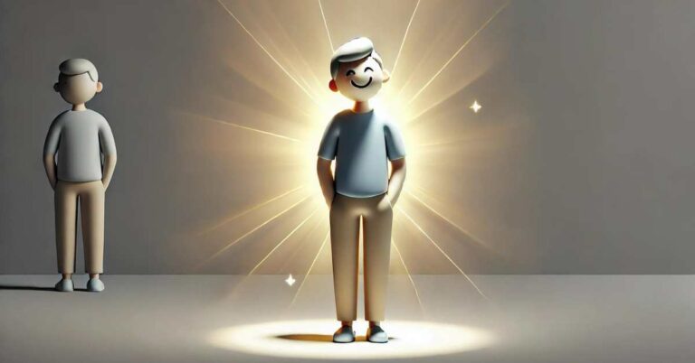 A person standing in a dull, grey environment, radiating a warm, bright light that creates a sense of happiness even in the sad surroundings. The person has a joyful expression, with a big smile and an open, welcoming posture.