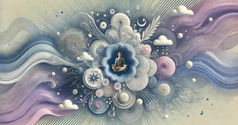 The central focus is on the misconception of meditation: a chaotic swirl of abstract shapes and lines representing distractions and frustration. Surrounding this central chaos, there are subtle, serene elements like calm waves and soft glows, symbolizing true meditation.