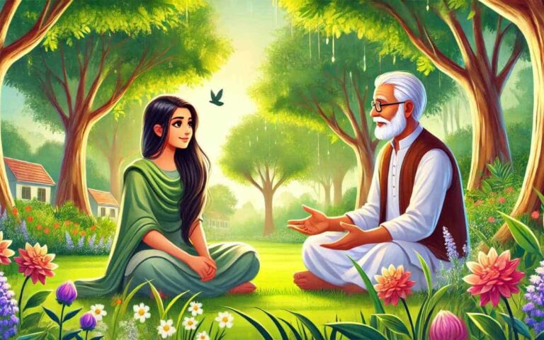 Neha listening intently to raghav's story in the peaceful garden