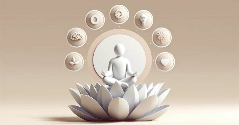 A person in a meditative pose, dressed in white clothing, on a lotus flower. Around the person, symbols representing six aspects of well-being are subtly integrated: a strong body for physical, a brain for mental, a lightbulb for intellectual, a heart for moral, a coin for economic, and a group of people for social.