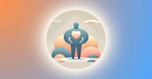 A person standing confidently with their head held high, surrounded by soft pastel colors. They are holding a glowing heart close to their chest, symbolizing self-worth.