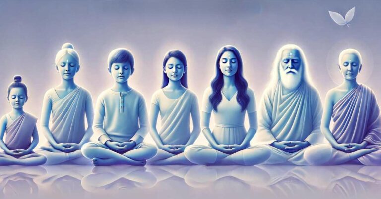 A child, a youth, an adult, and an elderly person—are sitting in meditation poses with half-open eyes, each exuding calmness and tranquility. The background is minimalistic, with a subtle gradient and soft light around each character to highlight their inner peace