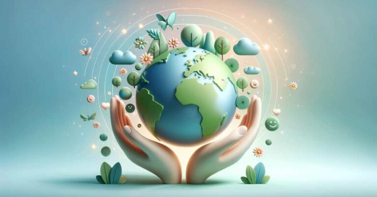 The globe is enveloped by two hands gently holding it, symbolizing personal responsibility. Around the globe and hands, there are floating, glowing symbols representing positive thoughts and emotions—such as hearts, smiley faces, and stars.