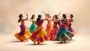 A vibrant Raas or Dandiya dance scene, with people in traditional attire forming a circle and joyfully striking their sticks together. The image is capturing the harmony and coordinated movement, symbolizing acceptance and unity.