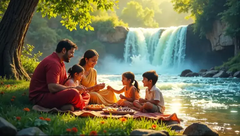 Family enjoying picnic at river