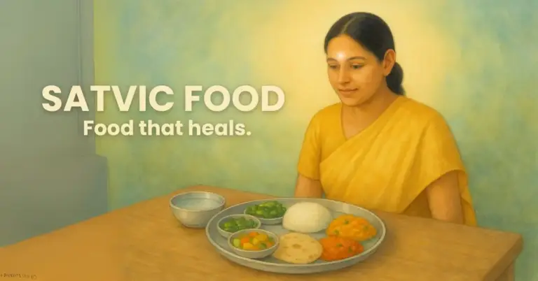 Satvik food is vegetarian, pure, and prepared in god’s remembrance. Free from violence, garlic, onion, and excess, it promotes peace of mind, clarity, and sustainability.